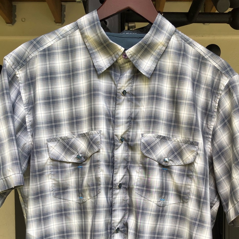 Kuhl large grey plaid pearl snap shirt